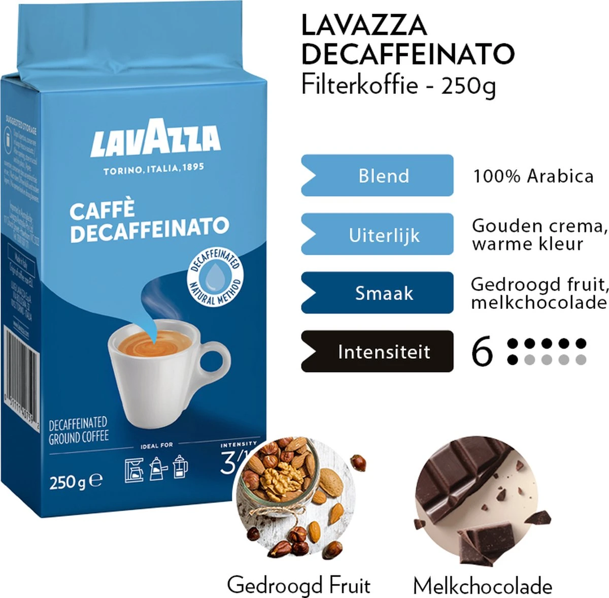 Lavazza Caffe Decaffeinato Filterkoffie - 250 Gram X8 6 Lavazza Caffe Decaffeinato Filterkoffie - 250 Gram X8 - Afbeelding 4