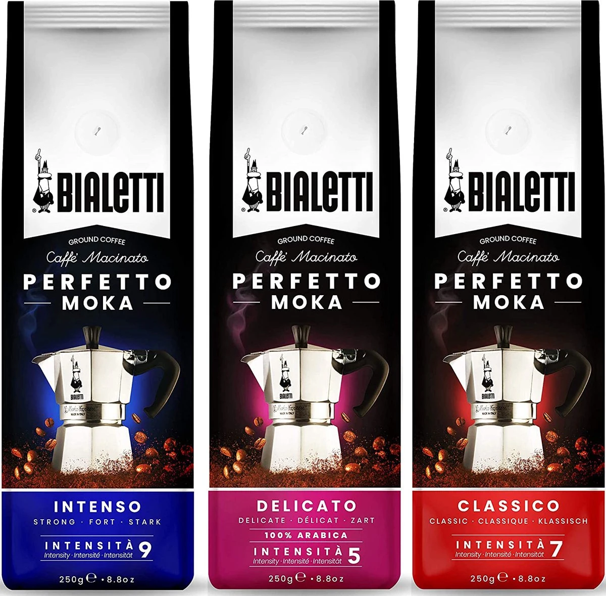 Bialetti Perfetto Moka Koffie Proefpakket 3 X 250 Gram - Classico, Delicato En Intenso 3 Bialetti Perfetto Moka Koffie Proefpakket 3 X 250 Gram - Classico, Delicato En Intenso