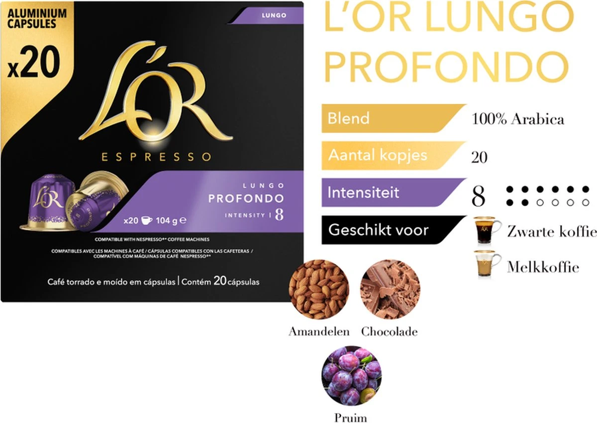 L'OR Lungo Profondo Koffiecups - Intensiteit 8/12 - 10 X 20 Capsules 8 L'OR Lungo Profondo Koffiecups - Intensiteit 8/12 - 10 X 20 Capsules - Afbeelding 6