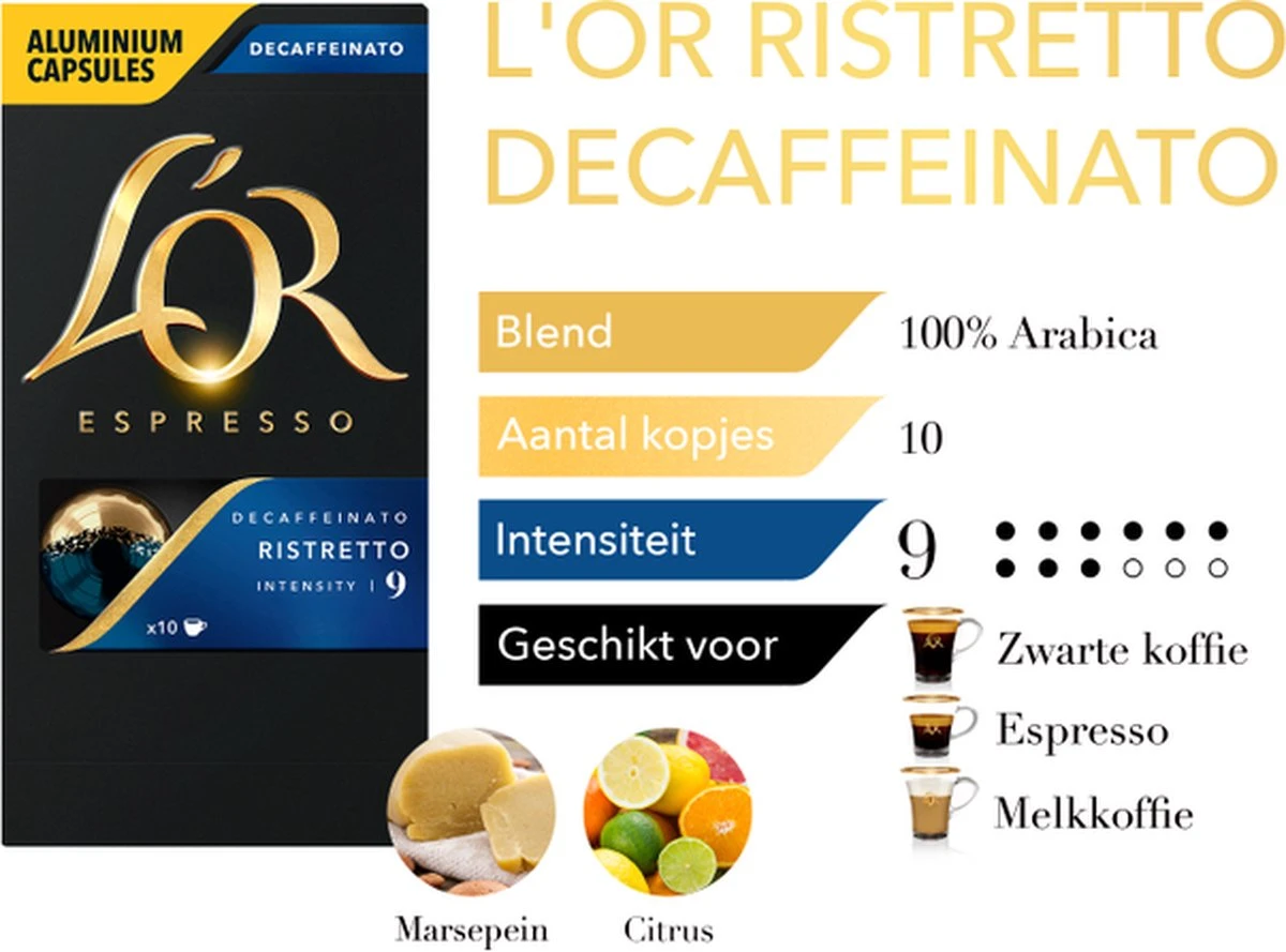 L'OR Espresso Ristretto Decaffeinato - Intensiteit 9/12 - 10 X 10 Capsules 8 L'OR Espresso Ristretto Decaffeinato - Intensiteit 9/12 - 10 X 10 Capsules - Afbeelding 6