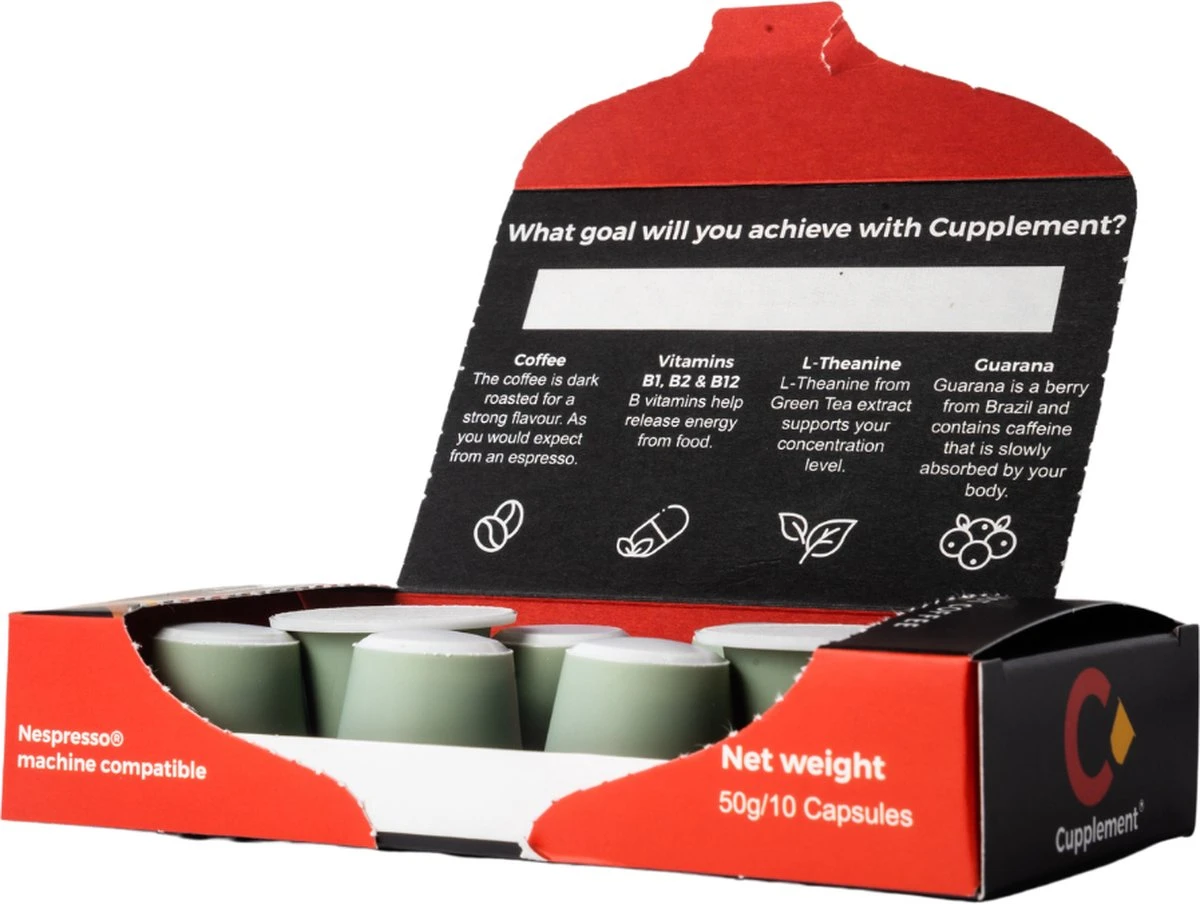 Cupplement Energy/Focus Blend Dark Roast Espresso - 10 Nespresso Koffiecups - Koffie Met Vitamines, Extra Cafeïne En Superfoods - Duurzame Biologische Afbreekbare Koffie Capsules 4 Cupplement Energy/Focus Blend Dark Roast Espresso - 10 Nespresso Koffiecups - Koffie Met Vitamines, Extra Cafeïne En Superfoods - Duurzame Biologische Afbreekbare Koffie Capsules - Afbeelding 2