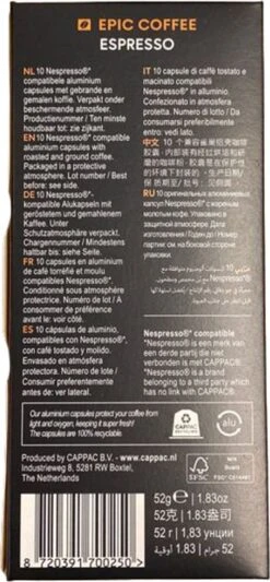100 Capsules Epic Coffee - Espresso - Nespresso® Compatible Aluminium Capsules - RFA Keurmerk - Doos 100 Stuks 15 100 Capsules Epic Coffee - Espresso - Nespresso® Compatible Aluminium Capsules - RFA Keurmerk - Doos 100 Stuks -Koffiehuis 556x1200