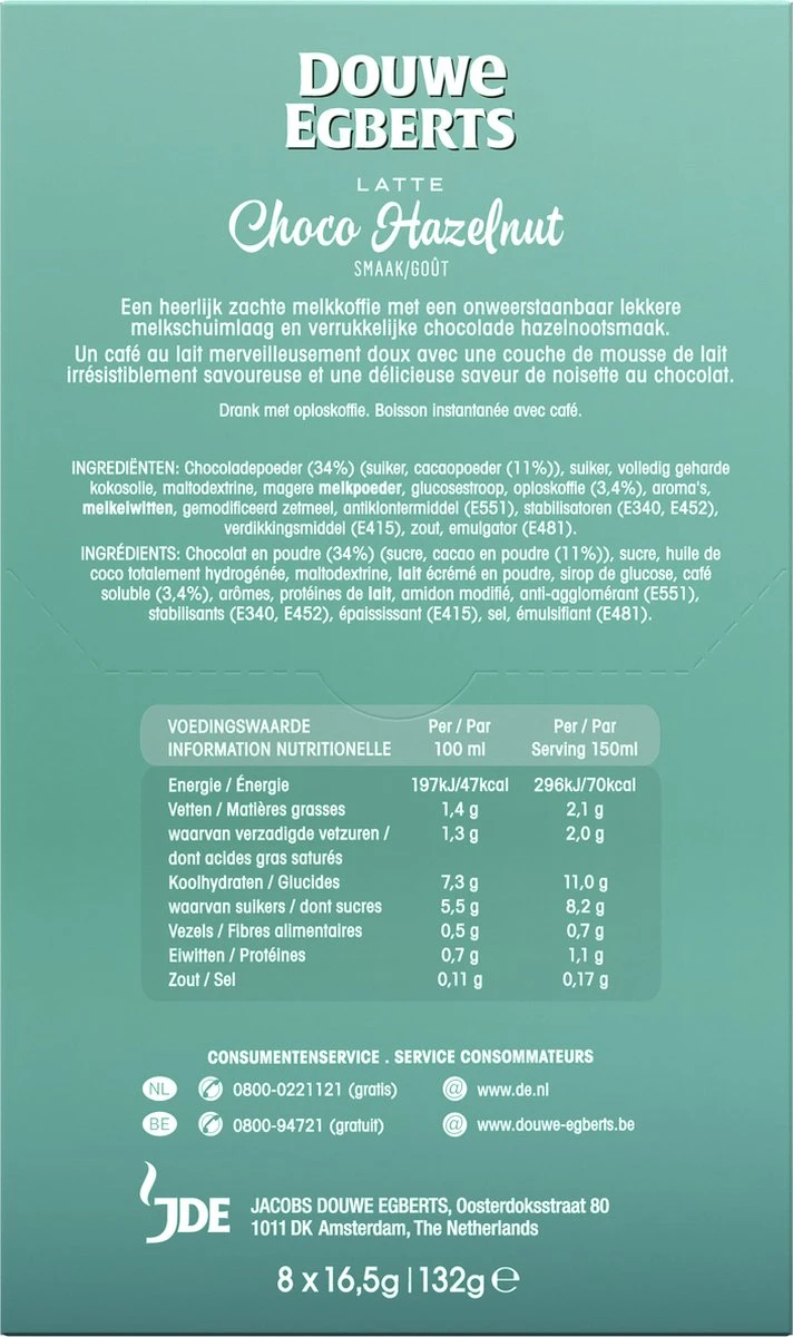 Douwe Egberts Latte Choco Hazelnut Oploskoffie - 5/9 Intensiteit - 5 X 8 Zakjes 4 Douwe Egberts Latte Choco Hazelnut Oploskoffie - 5/9 Intensiteit - 5 X 8 Zakjes - Afbeelding 2